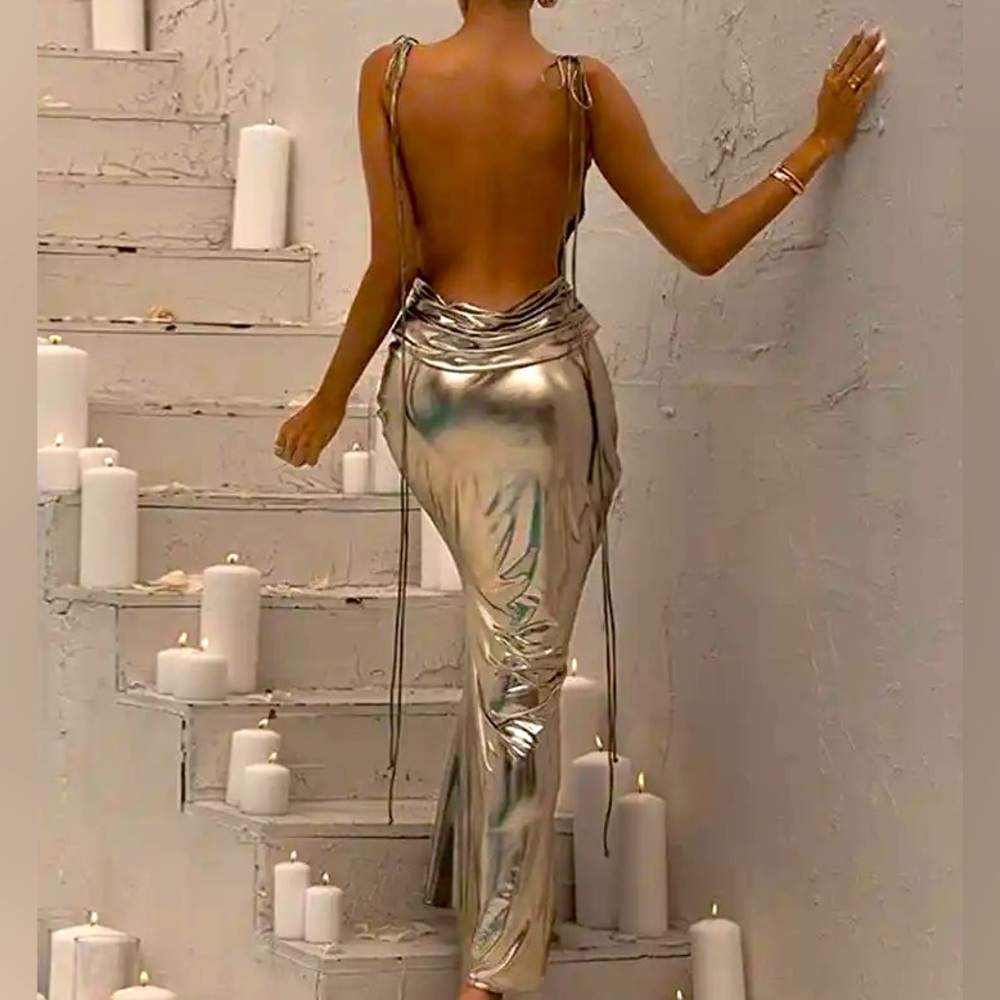 Backless Metallic Maxi Dress Fashion V-Neck Sleeveless Spaghetti Strap